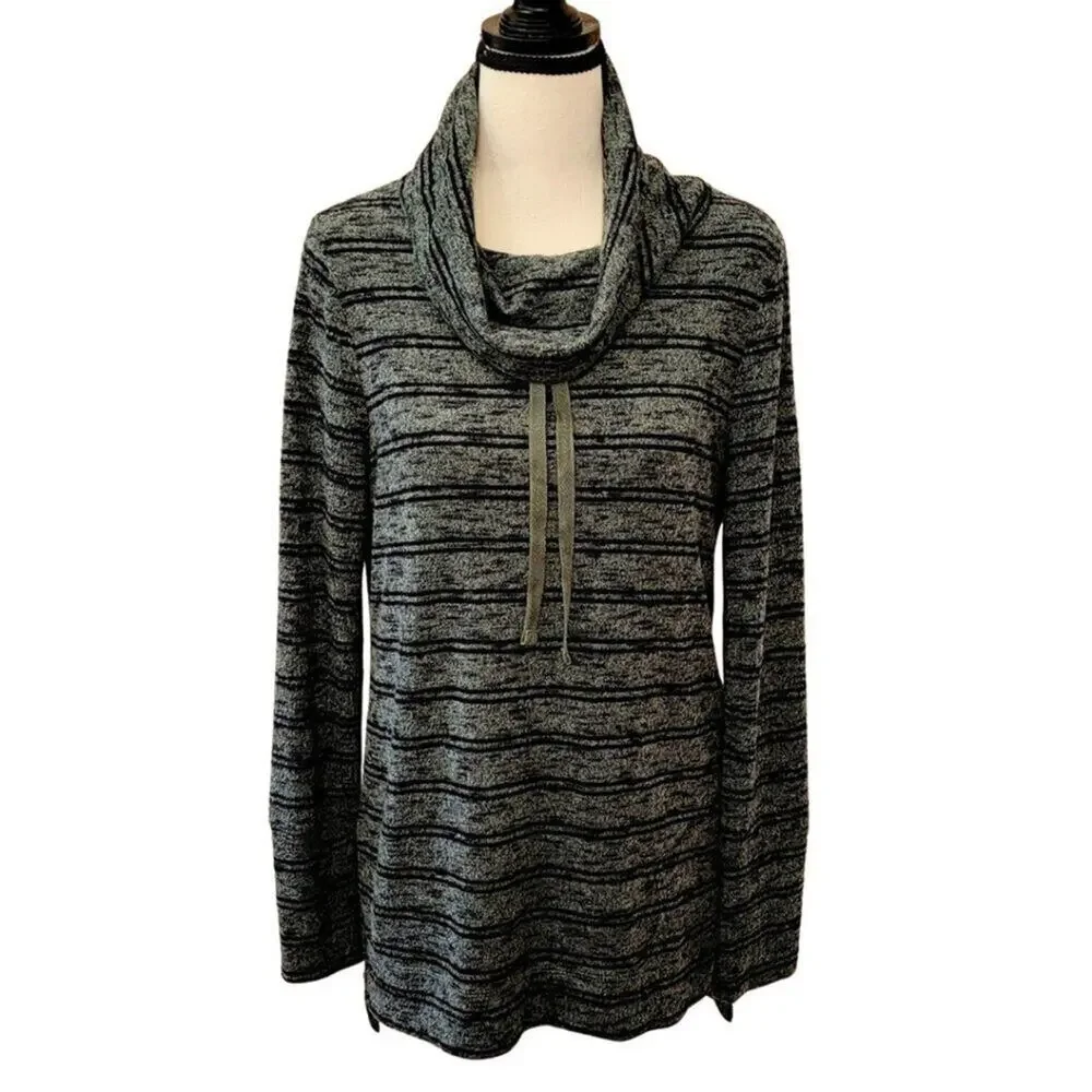 2/$30 Olive + Oak Lidy Cowl Neck Hi-Low Knit Top Tunic Green Striped XS #8908